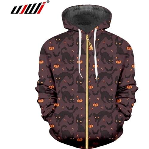 UJWI 3D Printed Halloween Theme Cat And Pumpkin Man Black Yellow Stitching Zip Hoodies Zipper Coat New Recommend 5Xl