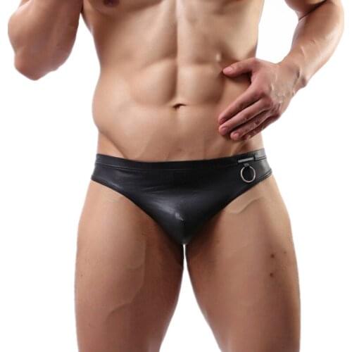 YUFEIDA Sexy Mens Underwear Briefs PU Leather Bikini Bulge Pouch T-back Low Rise Underpants Male Gay Sissy Panties Mens Briefs