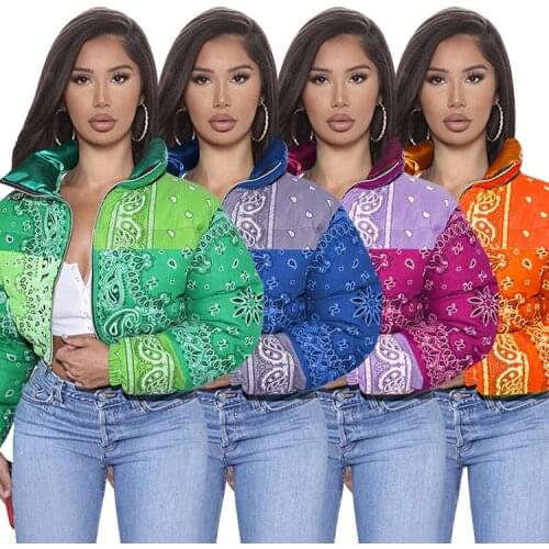 Echoine Winter Vintage Print Parka Coat Women Zipper Short Jacket 2021 New Thick Warm Outerwear Tops Overcoat Autumn Winter