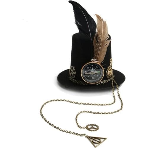 Womens Steampunk Mini Top Hat Vintage Fedoras Hat Gothic Gear Compass Feather Chain Headwear Lolita Cosplay Little Hat Hairpin