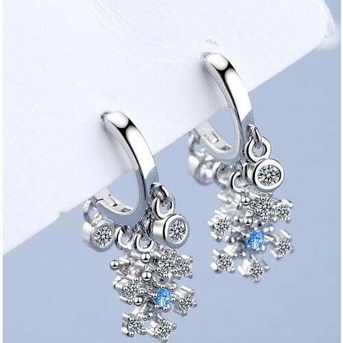New Arrival Female Earrings 925 Sterling Silver Snowflake Flower Cross Mosaic Blue Cubic Zircon Earrings for Women Wedding Gift