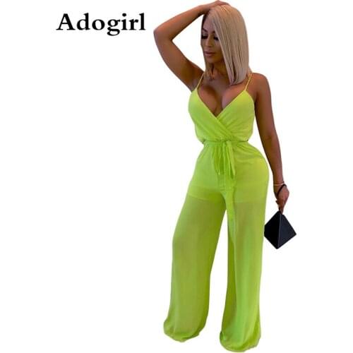 Adogirl 2019 Women Spaghetti Strap Warp V-neck High Waist Sashes Sleeveless Wide Leg Mesh Jumpsuit Sexy Party Romper Playsuit
