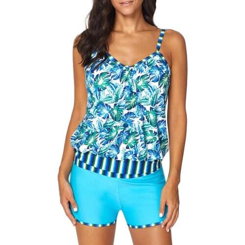 Mounchain Women Fashion Leaves Printing Swimwear Set Tops + Shorts