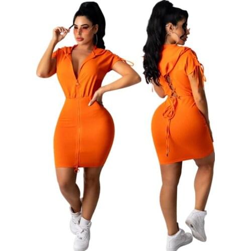 Summer Dress Women Solid Color Pencil Dresses Hollow Out Zipper V-Neck Short Sleeve Slim Hips MIni Dresses Vestidos Femme Robes