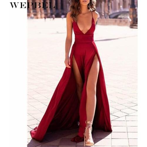WEPBEL Women Sexy Party Evening Dress Ladies Elegant Sleeveless Halter V Neck High Waist Corset Bandage Slit Long Dress Gown