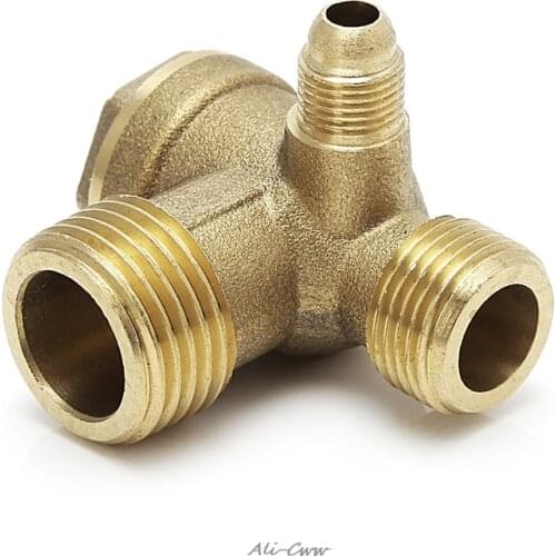 4X7B Male Thread 3 Way Metal Air Compressor Check Valve Gold Tone