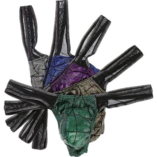 4PCS/Lots Mens Underwear Mesh Faux Leather Patachwork Gay Panties Jock Strap Erotic Thongs Briefs String Homme Underpants