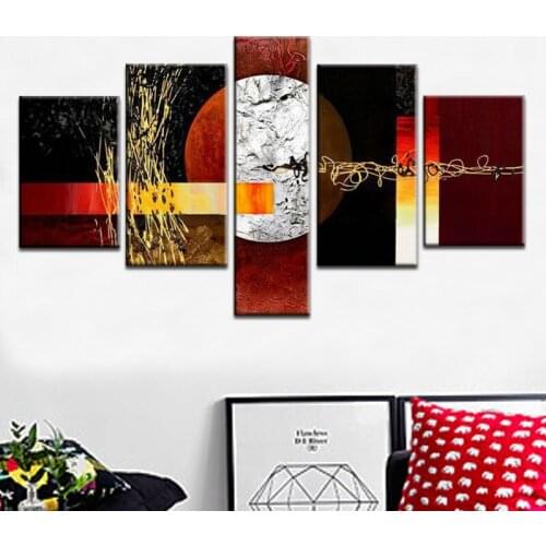 5 Piece Modern Abstract Canvas Art 100% Hand Painted Full Moon Oil Painting Frameless Large Canvas Wall Painting for Living Room