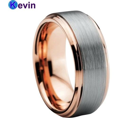 8MM Tungsten Wedding Band For Men Women Rose Gold Color With Beveled Brushed Finish Comfort Fit