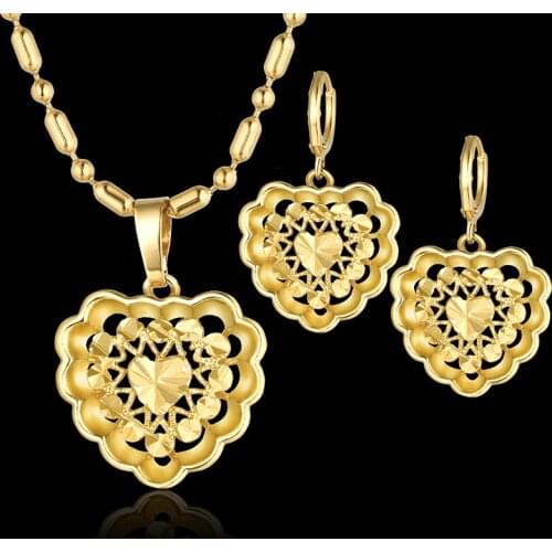 African Habesha Set Ethiopia heart pendant Necklace/Earrings Gold Color Dubai Sudan women girls Wedding bridal jewelry Gift