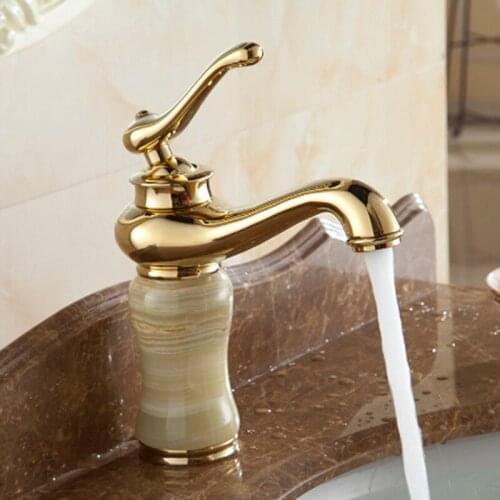 Free Shipping New Luxury Fashion Solid Brass and Marble body Deck Mounted Bathroom basin Faucet Single Handle gold Sink Faucet