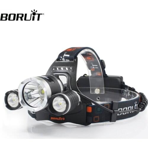 BORUiT RJ-5000 XM-L2+2*R2 LED Headlamp 4-Mode Waterproof Headlight Rechargeable Powr Bank 18650 Head Torch for Hunting Camping