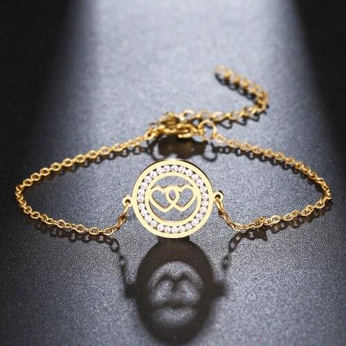 CACANA 316L Stainless Steel For Women Crystal Bracelet Hollow Double Hearts Round Bracelets Gold Color Engagement Gift Jewelry