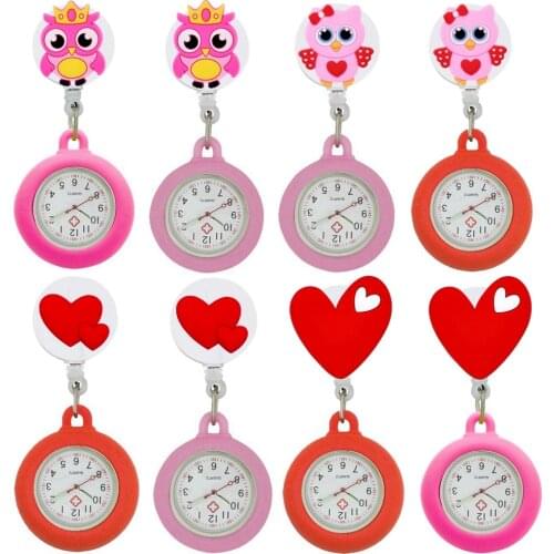 Fashion Love Heart Retractable Lovely Cartoon Pretty Owl Nurse Doctor Hospital Clips Hang Quartz Pocket Watches Clock Watch