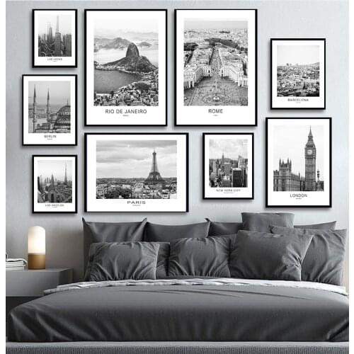 Black White Canvas Painting World City Landscape Paris Barcelona Berlin Poster Prints Nordic Style Wall Art Picture Home Decor