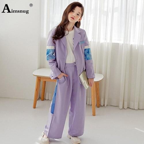 Children Two Piece Sets Girls Long Sleeve Top Brazers and Long Pants Kids Clothing 2021 Autumn Patchwork Stripes 2PCS Outfits