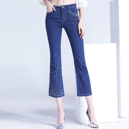 FERZIGE Brand High Quality Beading Flare Pants Women Casual Skinny Slim Fit Jeans Plus Size Lady Blue Trousers Luxury