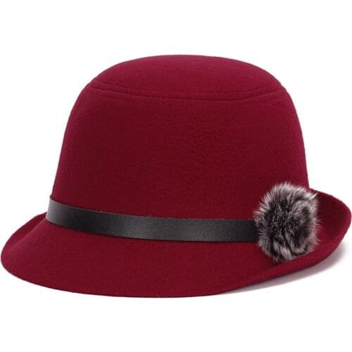 Brand Fedoras Women Felt Hats Faux Wool Fabric Spring Caps Lady Fur Pompo Bombetta Autumn Dress Chapeau Vintage Winter