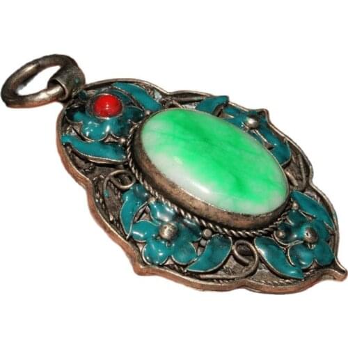 Chinese Old Craft Made Old Tibetan Silver Cloisonne Inlaid Green Jade Pendant