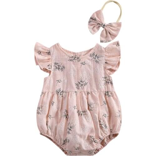 Infant Girl 2Pcs Flower Printed Romper Set, Fly Sleeve Round Neck Triangle Bodysuit with Headband for 0-24 Babies Summer Wear