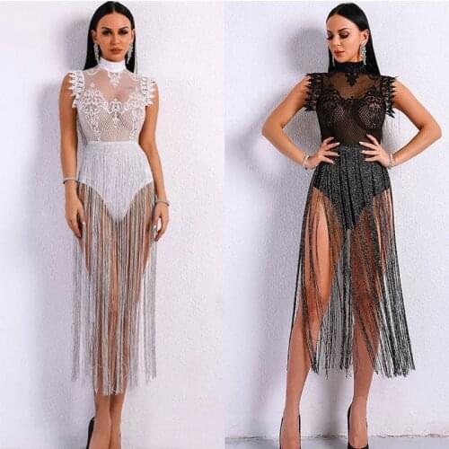 High Neck Sleeveless Lace Tassel Jumpsuit Nightclub Dress Stage Clothes For Singers Celebrity Dresses Birthday Outfits DNV10971