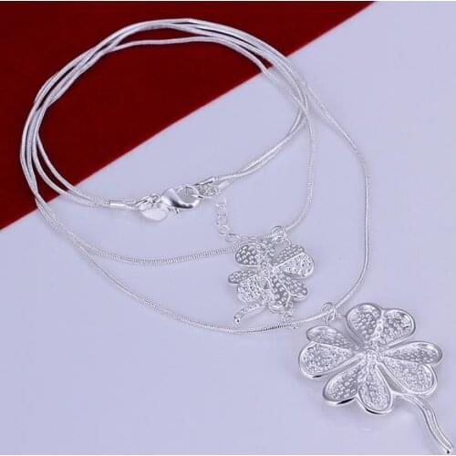 N218 Hot Sale Free Shipping Silver Plated Fine Jewelry,-Sterling-Silver Charms Fashion Double Four-Leaf Clover Snake Necklace