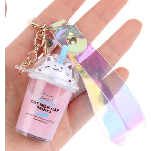 New Keychain Cartoon Cat Car Keychain Mini Milk Tea Cup Liquid Crystal Quicksand Sequin Key Ring Bag Pendant For Women