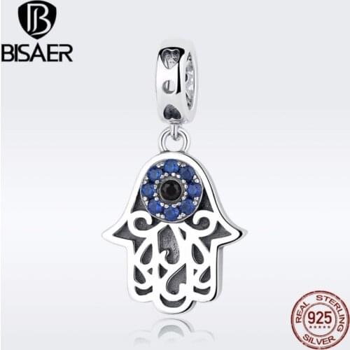 BISAER 925 Sterling Silver Blue Evil Eye Charms Fatima Hamsa Hand Pendant Charms Fit Original Bracelets & Bangles Jewelry ECC085