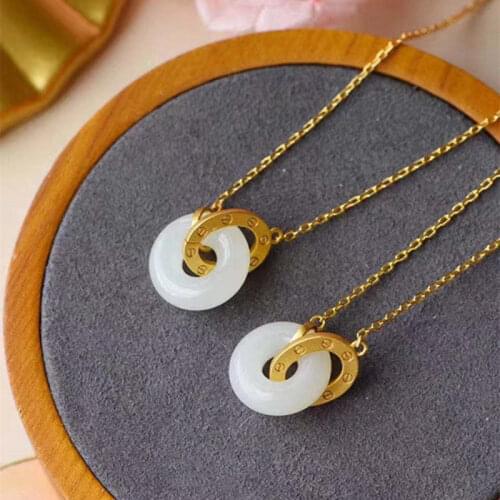 Natural Hetian Jade White Jade Safety Buckle Pendant S925 Sterling Silver Ancient Thick Gold Inlaid Ring Lock STAY WITH YOU FO