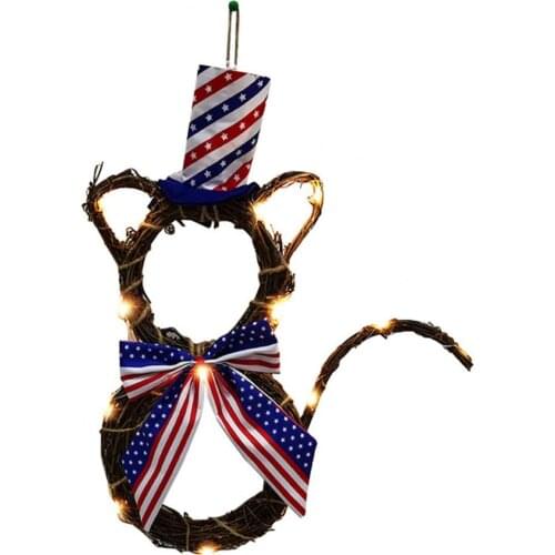 Hot Rattan Wreath Cats Shaped Independence Day Led Lighted Wall Hanging Patriotic Wreath Pendant Garden Suncatchers