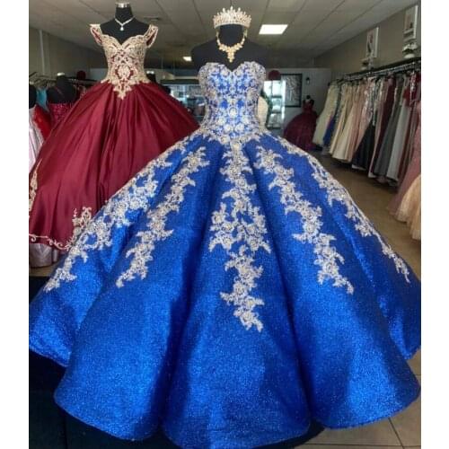 Stunning Sequin Blue Quinceanera Dresses Lace Applique Crystal Sweetheart vestido 15 anos Formal Sweet 16 Prom Dress Party Gowns