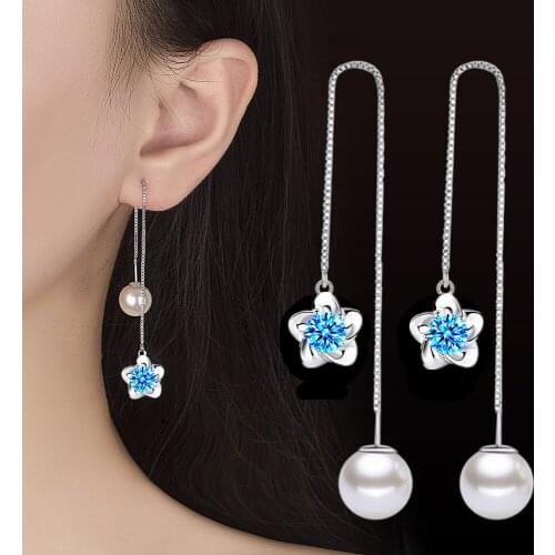 New Style Silver Plated Fashion Women Luxury CZ Crystal Flower Long Line Dangle Earring Elegan Women AAA Zircon Wedding Jewelry