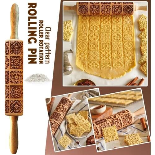 Creative Pattern Rolling Pin Biscuits Solid Wood Household Pressed Baking Kitchen Chrestmas Embossed Printing Rolling Pin Wood