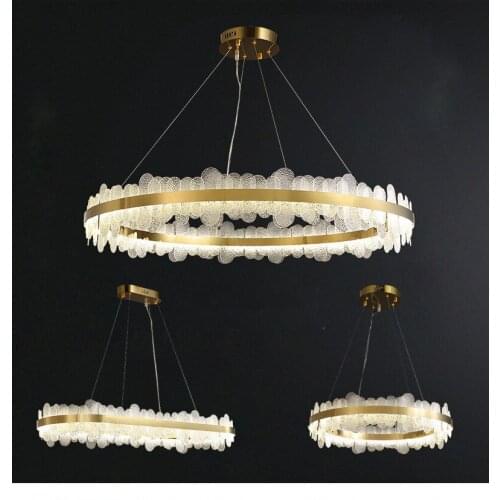 Modern Parlor Deco Led Dimmable Pendant Light Round Plate Gold Metal Ring Pendant Lamp Luxury Diamond Glass Droplight Lamparas