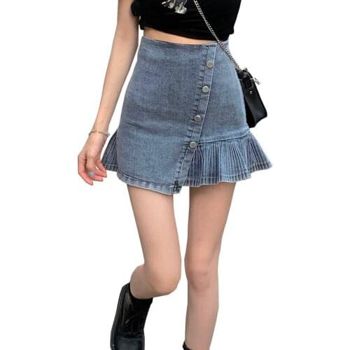 Vintage Harajuku A-line Denim Mini Pleated Skirt Women 2021 New Summer High Waist Jeans Irregular Short Skirts Female NZ006