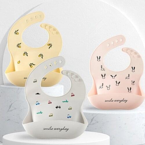 Cartoon Print Baby Bibs Waterproof Soft Silicone Baby Feeding Stuff Dinosaur Rabbit Pattern Kids Girl Boy Adjustable Pink color