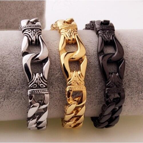 High Quality Fashion Stainless Steel Gold/Silver Color/Black Pattern Cuban Chain Bracelet Vintage Mens Womens Wristband Jewelry