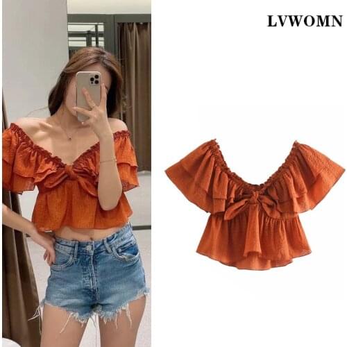 LVWOMN Za Women Tops And Bloues 2021 Summer Fashion Bow Tie Crop Tops Elegant Ruffle Short Sleeve Woman Clothes Chic Short Shir