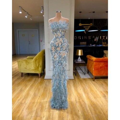 Junoesque Strapless Mermaid Evening Dress Floor-Length Beaded Feathers Prom Dress Robe De Soiree Aibye Formal Dress Arabia Dubai