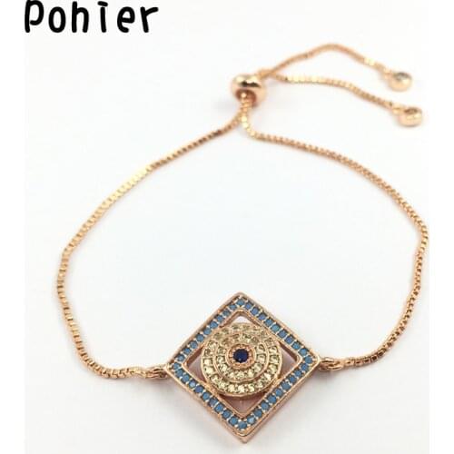 15*15mm Mico Pave Rose Gold Color Square Turkey Evil Eye Hamsa Fatima Hand Charms for Women Adjustable Bracelets CZ jewelry