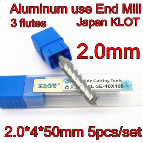 2.0*4*50mm 5 pcs/set 4mm Petiole 3flutes Japan KLOT Solid carbide Aluminum Use End Mill CNC Tools Free shipping