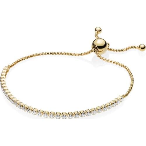 2018 New 100% 925 Sterling Silver Bracelet Sparkling Strand Bracelet Shine Gold Clear CZ For Women Fashion DIY Jewelry Gift