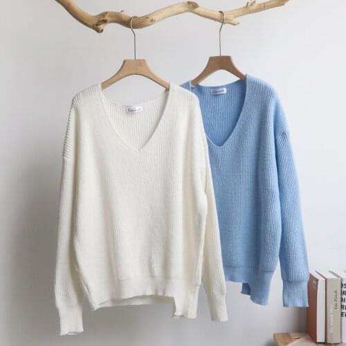 2021 Winter Spring Womens Knitwear sexy V-Neck Minimalist Tops Korean Irregular Hem Knitted Casual Sweaters Comfortable