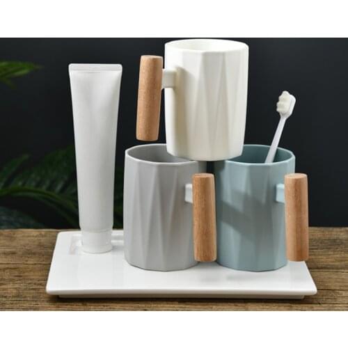 350ML Nordic Mouthwash Washing Cup Couple Brushing Cups PP Wooden Handle Toothbrush Cup Drinking Mug Bathroom Tumblers
