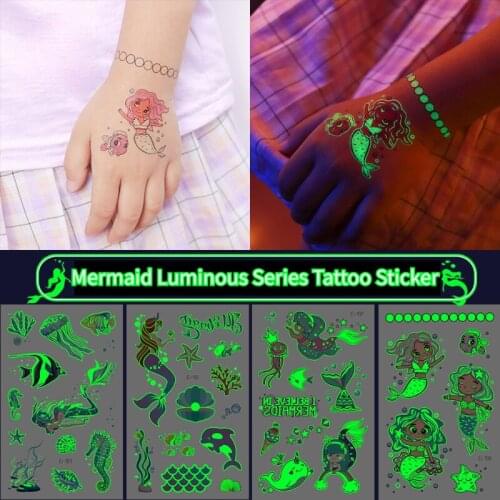 6PCS Mermaid Luminous Series Tattoo Sticker Kids Birthday Party Decoration Mermaid Ocean Temporary Tattoo Sticker Party Supplies
