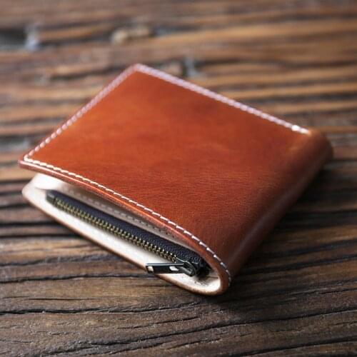 Hand Made Vegetable Tanned Leather Wallet Mens Short Leather Zipper Money Collet Layer Cowhide Youth Horizontal Leather Wallet