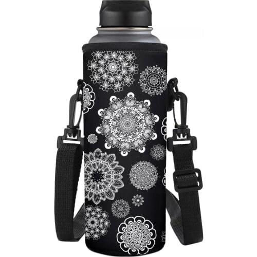 Mandala Flowers Design Pattern Water Bottle Cover Shoulder Strap Carrier Holders Portable Sport Water Bottle Bag Sleeve Black