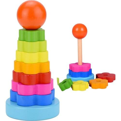 Children Hand-eye Coordination Training Toy Game Rainbow Color Wooden Block Tower Early Educational Leaning Toys