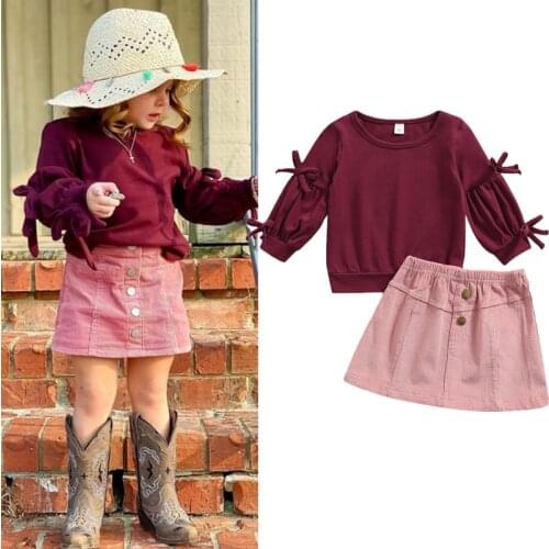 FOCUSNORM 1-5Y Toddler Kids Baby Girl Clothes Sets 2pcs Bow Long Sleeve Solid Pullover Sweatshirt Tops Corduroy Skirt