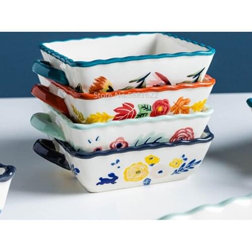 Four Seasons Baking Pan With Handle Square Ceramic Glaze Lasagna Pan Bakeware Dish Baked Rice Salad Plate Dinnerware